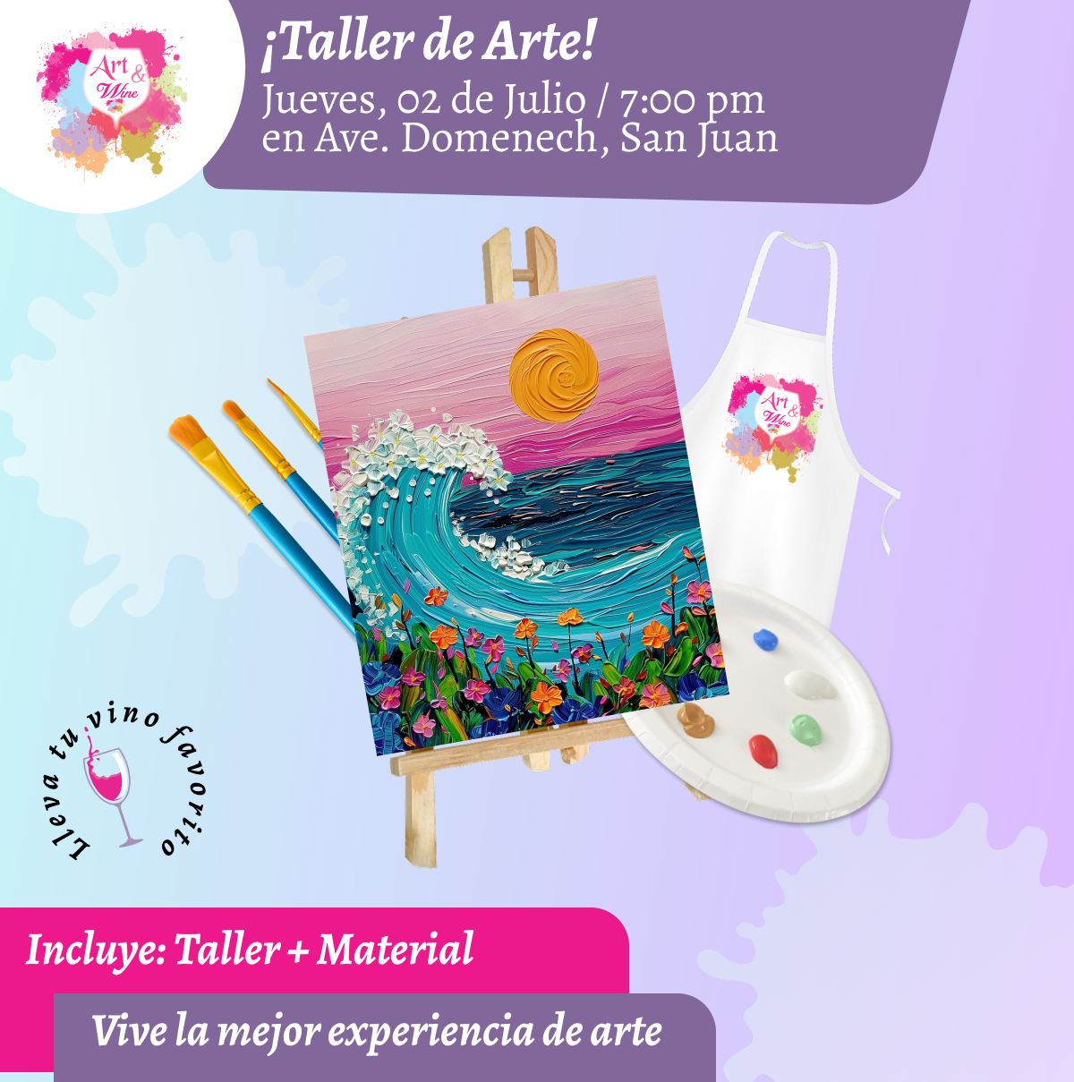 🎨¡Taller de arte en Art & Wine Venue 7pm - Jueves, 2 de Julio 2026 en San Juan. ¡Lleva tu vino favorito!