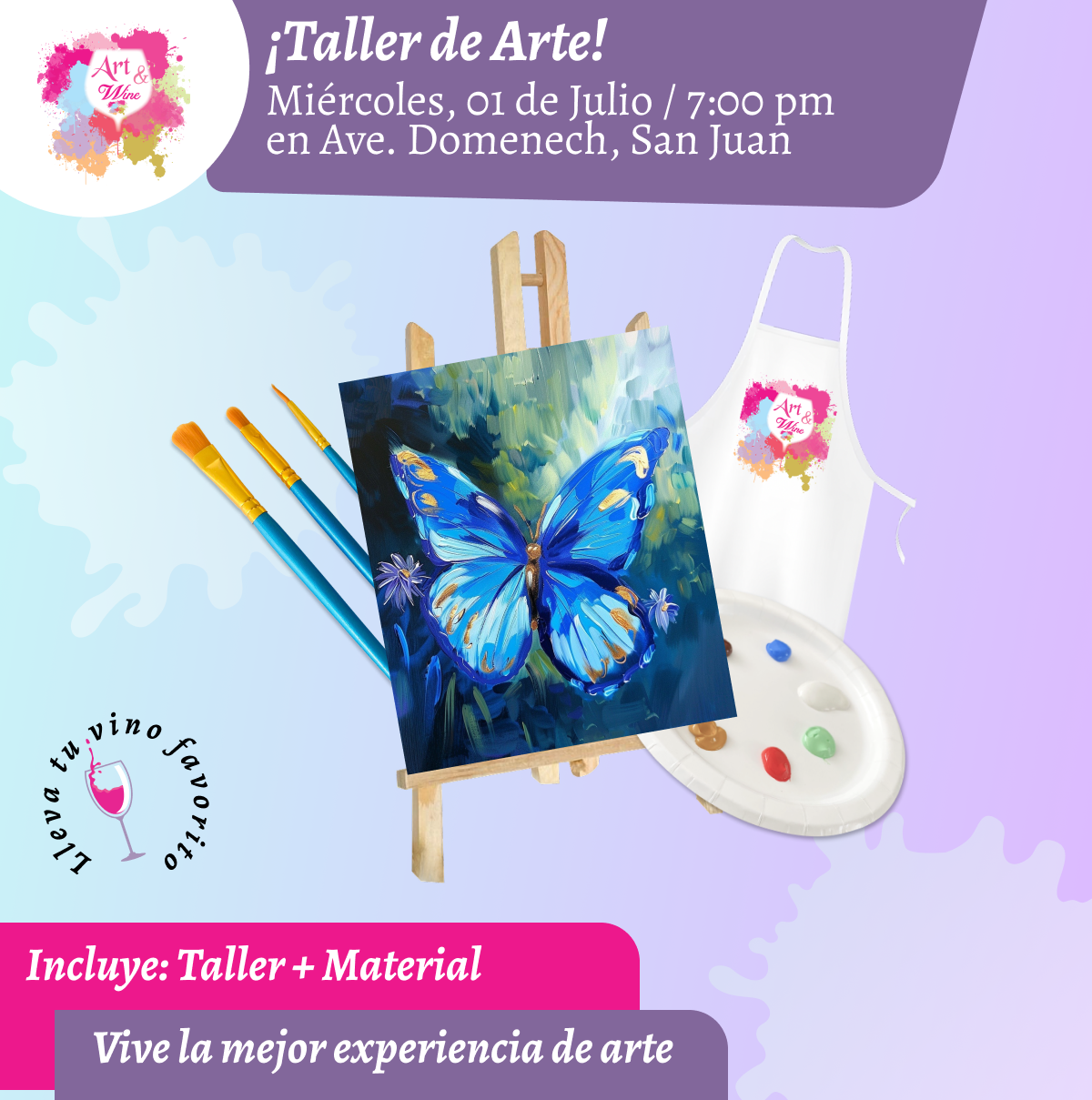 🎨¡Taller de arte en Art & Wine Venue 7pm - Miércoles, 1 de Julio 2026 en San Juan. ¡Lleva tu vino favorito!