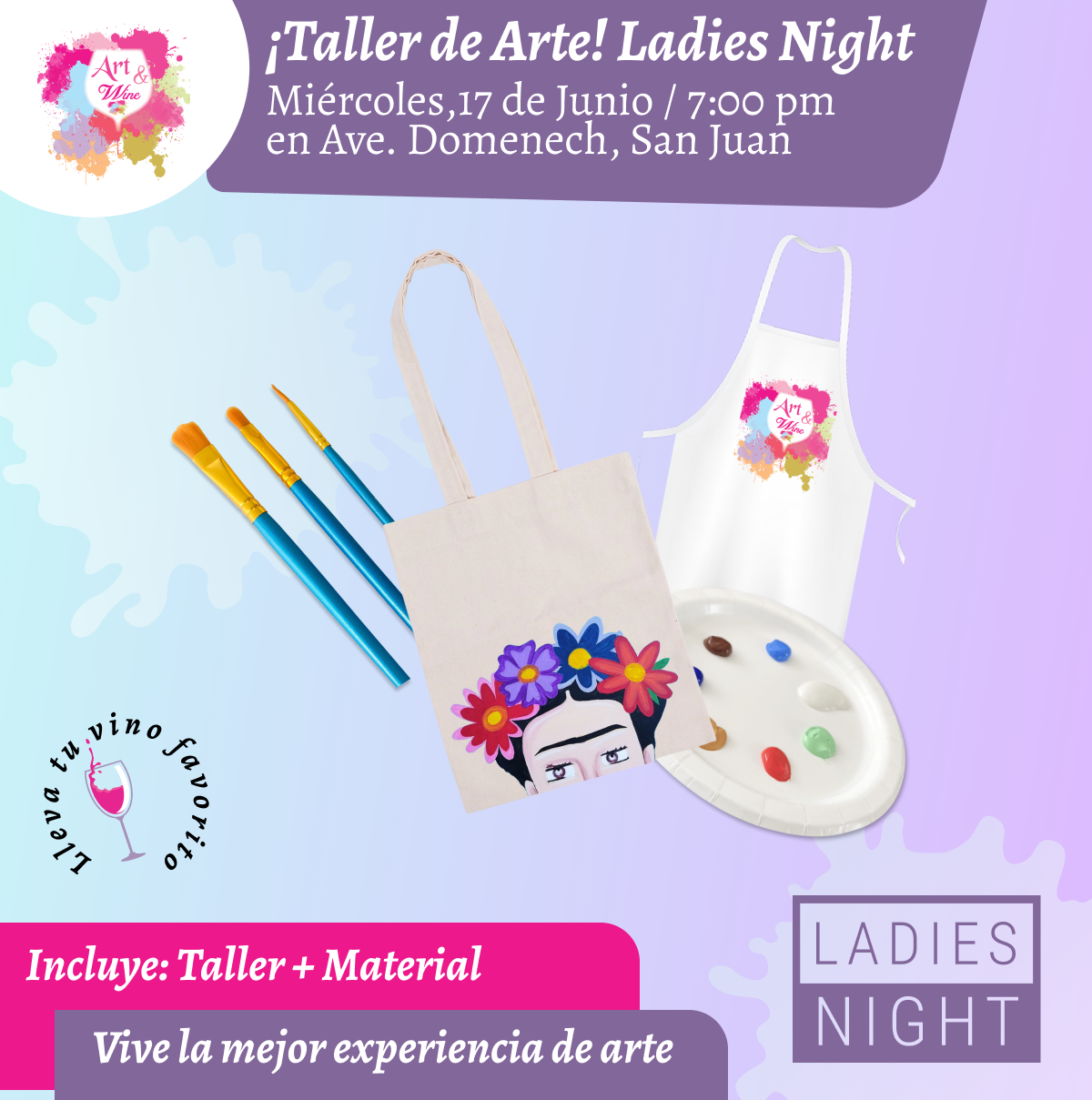 Ladies Night 💜¡Pinta tu Totebag! en Art & Wine Venue 7pm- Miércoles, 17 de Junio en San Juan. ¡Lleva tu vino favorito!