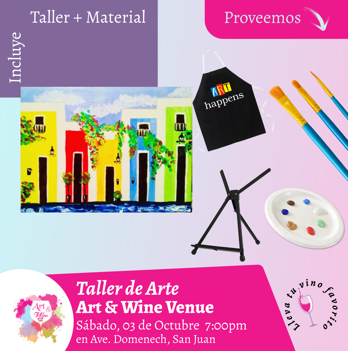 🎨¡Taller de arte en Art & Wine Venue 7pm - Sábado, 03 de Octubre 2026 en San Juan. ¡Lleva tu vino favorito!