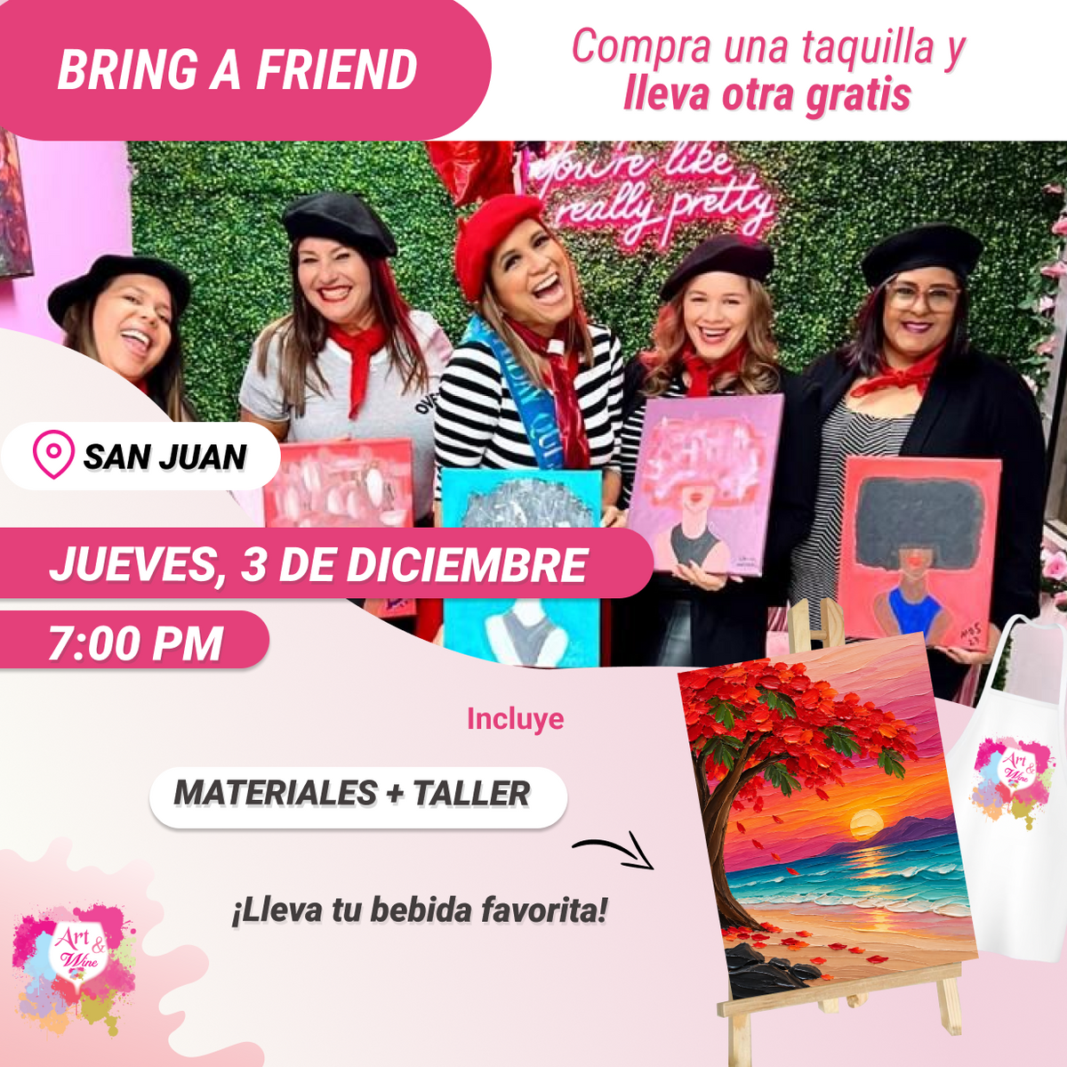 🎨¡Bring a Friend! Compra una taquilla y lleva otra gratis 🤩 - Taller de Arte en Art & Wine Venue - ✨Jueves, 03 de Diciembre en San Juan. ¡Lleva tu vino favorito!