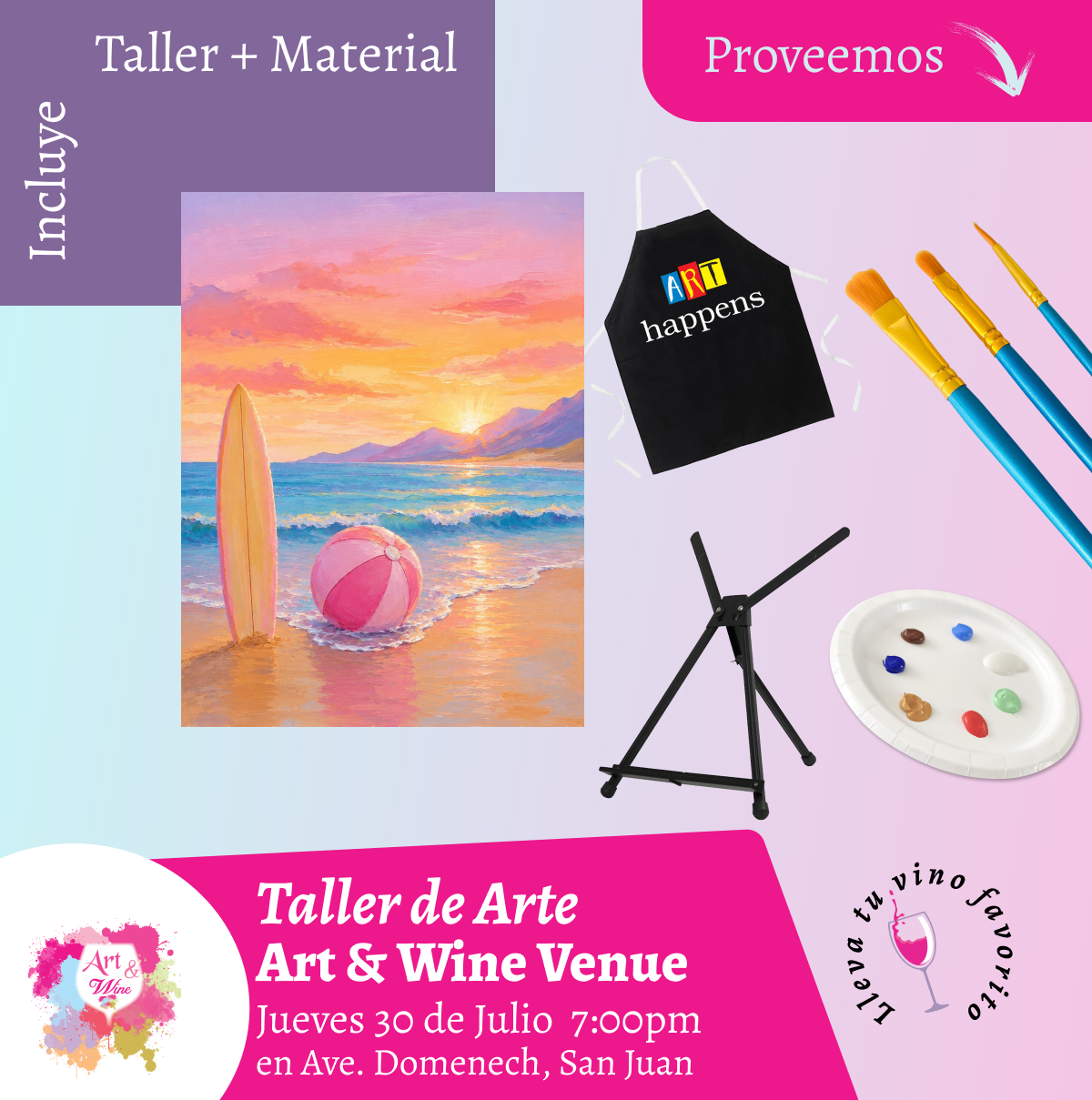 🎨¡Taller de arte en Art & Wine Venue 7pm - Jueves, 30 de Julio 2026 en San Juan. ¡Lleva tu vino favorito!