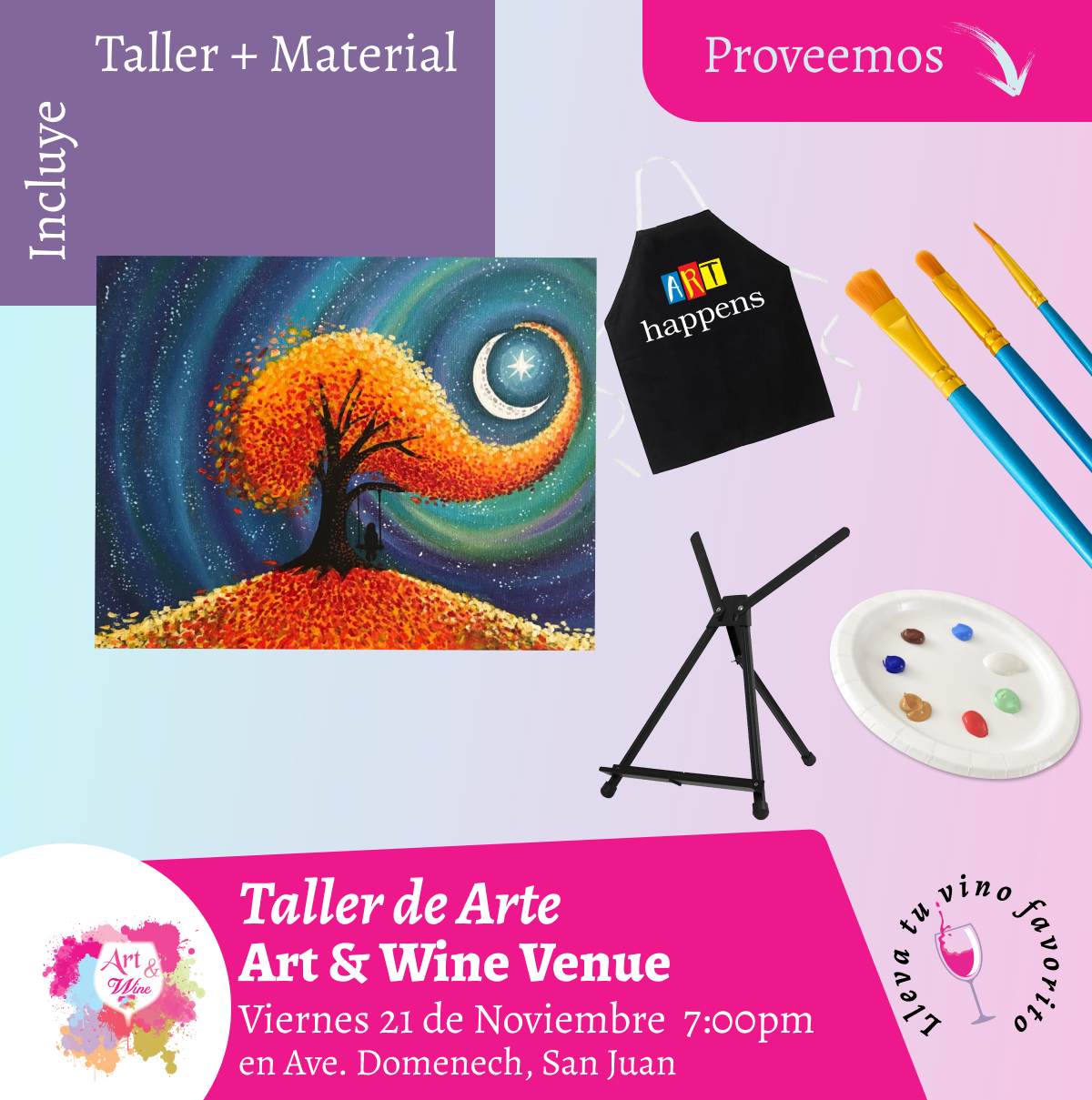🎨¡Taller de arte en Art & Wine Venue 7pm - Viernes, 20 de Noviembre 2026 en San Juan. ¡Lleva tu vino favorito!