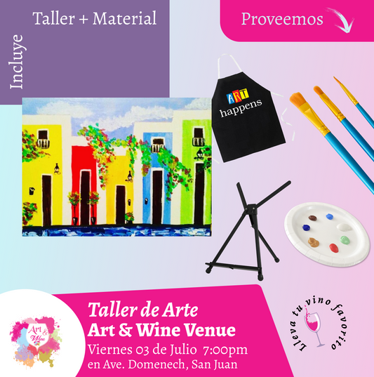 🎨¡Taller de arte en Art & Wine Venue 7pm - Viernes, 3 de Julio 2026 en San Juan. ¡Lleva tu vino favorito!