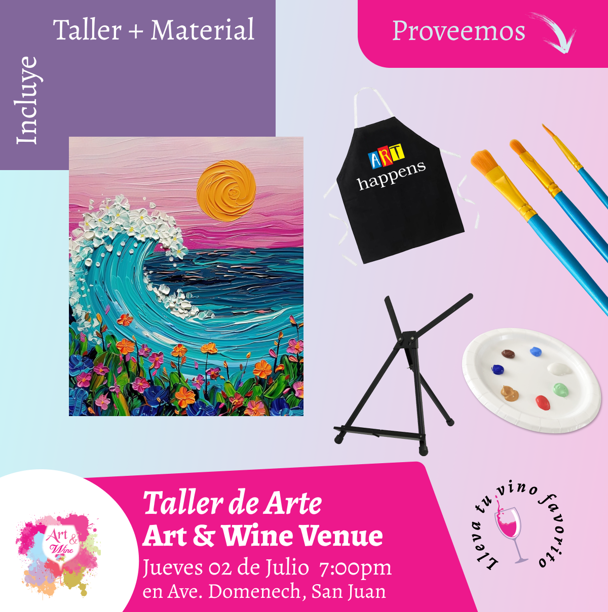 🎨¡Taller de arte en Art & Wine Venue 7pm - Jueves, 2 de Julio 2026 en San Juan. ¡Lleva tu vino favorito!