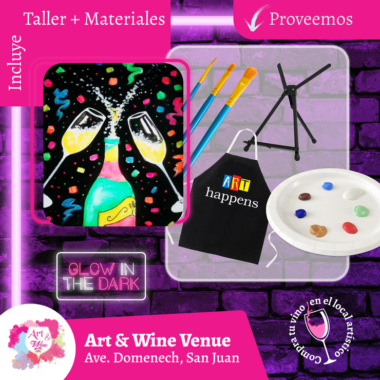 ✨Celebra fin de año con nuestro glow in the dark  🎉 🎨Taller de arte en Art & Wine Venue 4pm -  Domingo, 29 de diciembre en San Juan. ¡Lleva tu vino favorito!