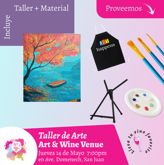 🎨¡Taller de arte en Art & Wine Venue 7pm - Jueves, 14 de Mayo 2026 en San Juan. ¡Lleva tu vino favorito!