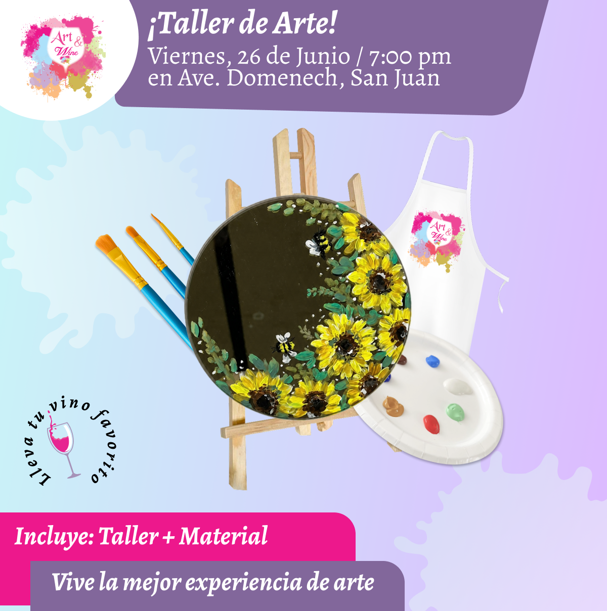 ¡Pinta tu espejo! 🎨¡Taller de arte en Art & Wine Venue 7pm - Viernes, 26 de Junio 2026 en San Juan. ¡Lleva tu vino favorito!