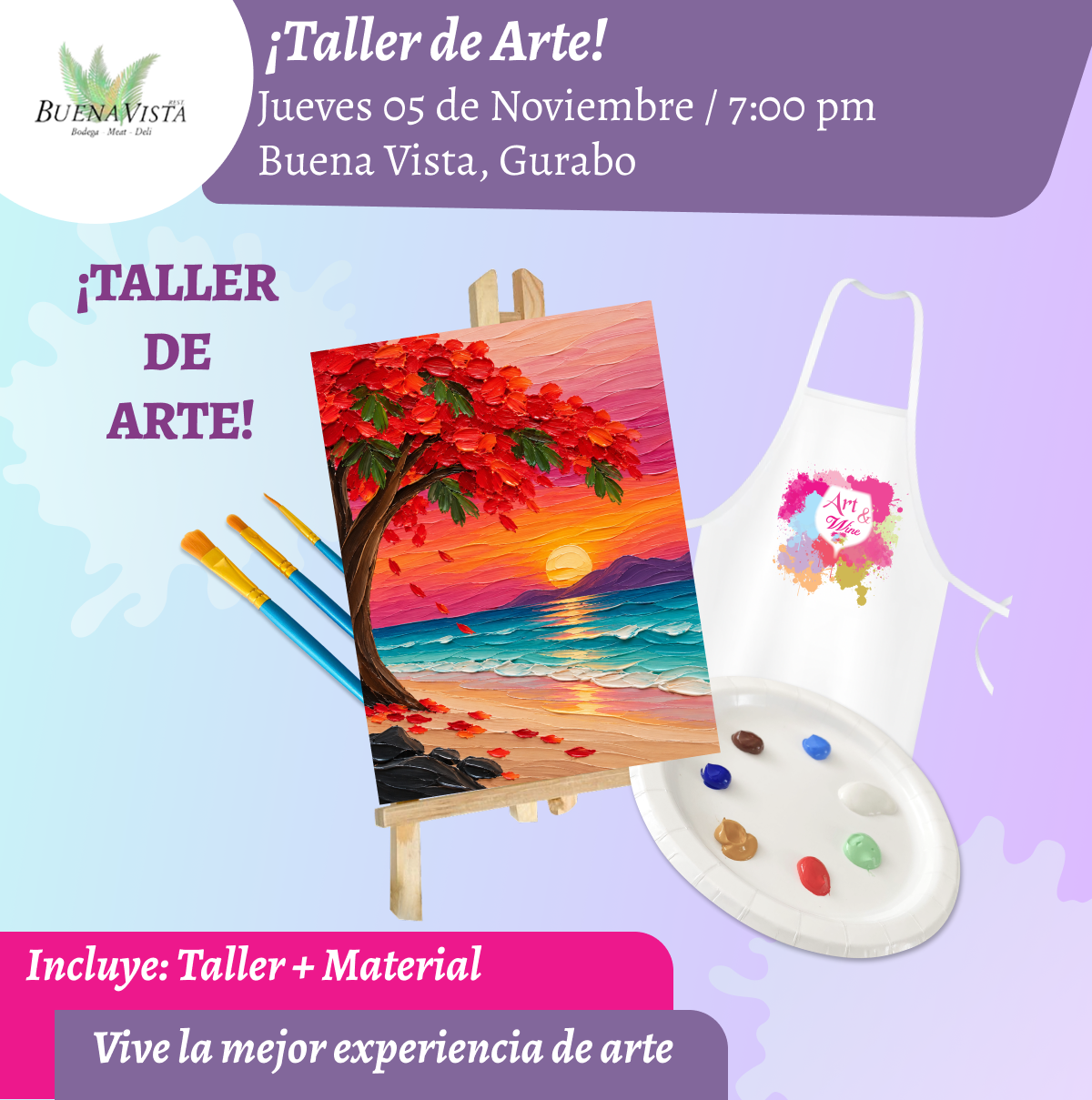 🎨¡Taller de arte!✨ Gurabo - Buena Vista, Jueves 05 de Noviembre 2026  a las 7:00pm 🍷