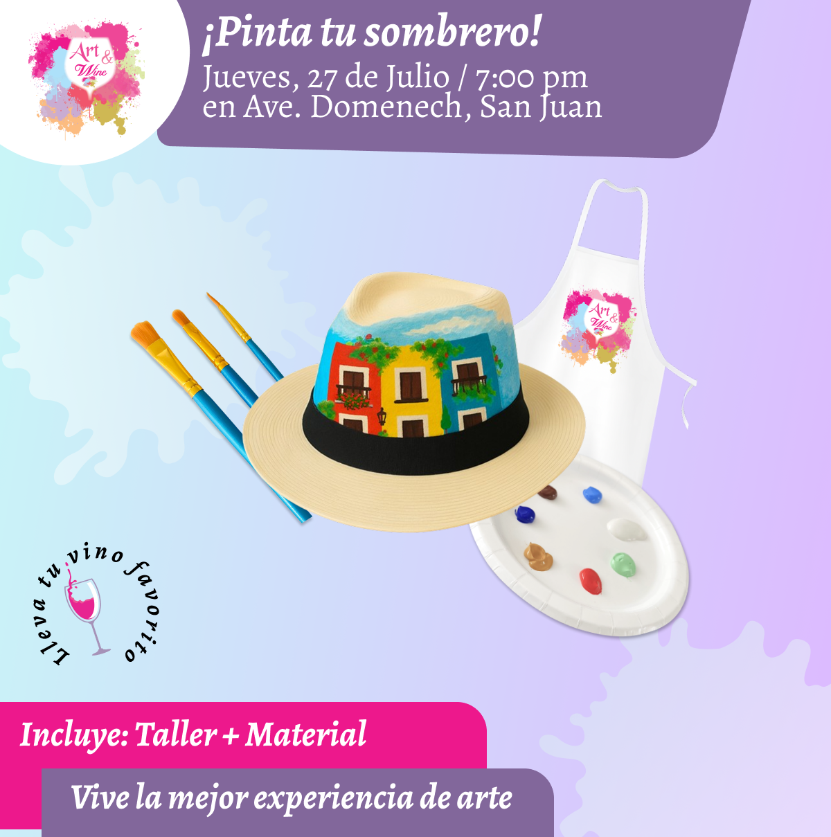 🎨¡Pinta tu sombrero! en Art & Wine Venue 7pm - Jueves, 23 de Julio 2026 en San Juan. ¡Lleva tu vino favorito!