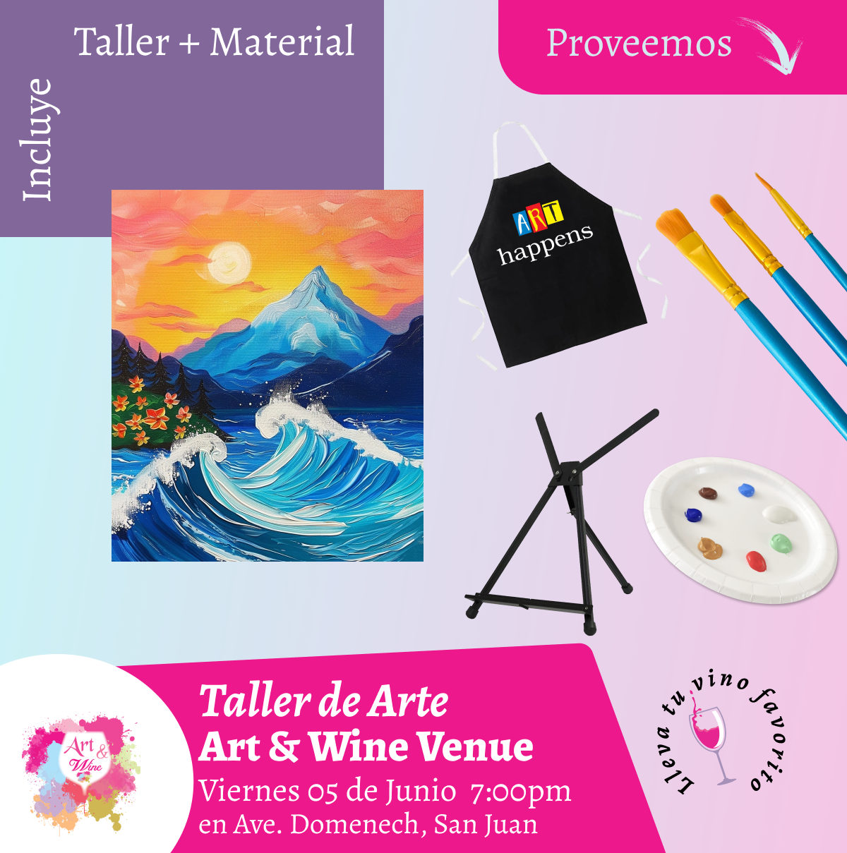 🎨¡Taller de arte en Art & Wine Venue 7pm - Viernes, 5 de Junio 2026 en San Juan. ¡Lleva tu vino favorito!