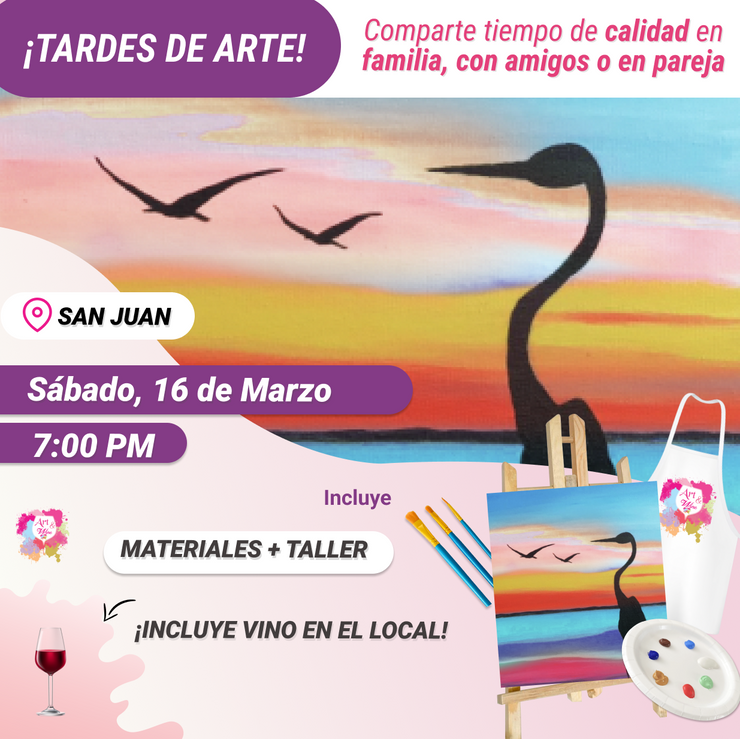 Tardes de Arte! 🌅 Sábado, 16 de Marzo a las 2pm en Art & Wine Venue - San Juan.¡Vino disponible solo en el local, ya sea en copa o botella!