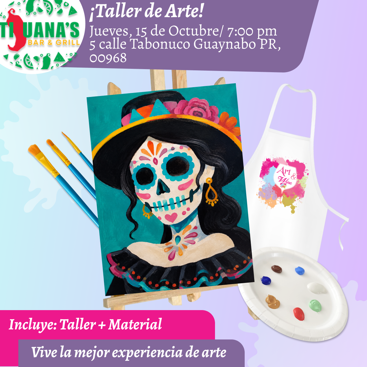 🎨¡Taller en Guaynabo! ✨Tijuana's Bar & Grill ✨ Las mejores margaritas 🍹  - 7pm- Jueves, 15 de Octubre 2026