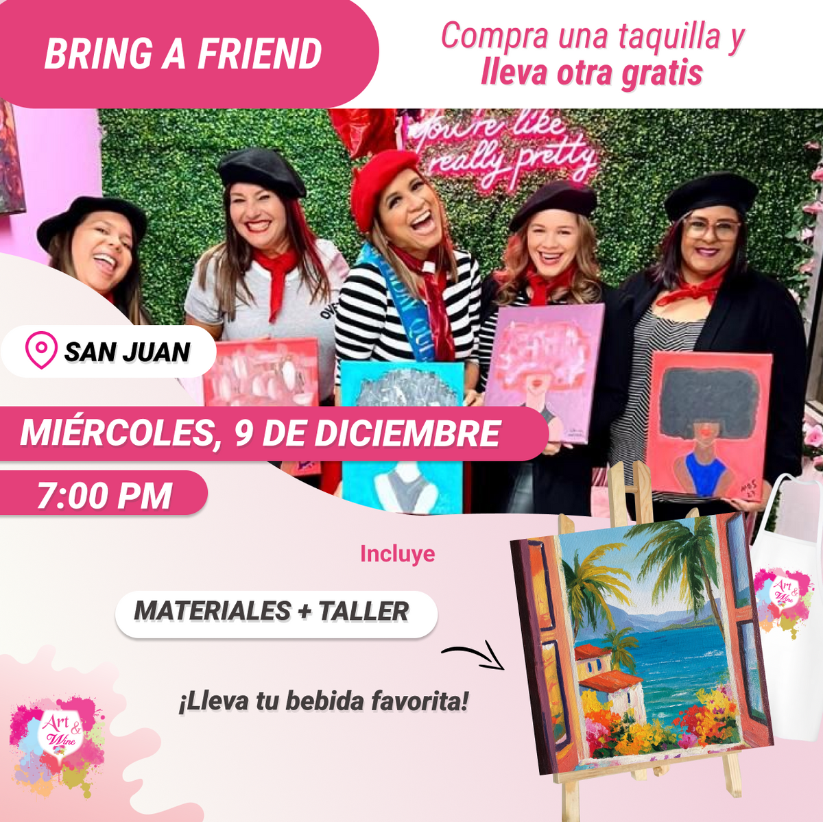 🎨¡Bring a Friend! Compra una taquilla y lleva otra gratis 🤩 - Taller de Arte en Art & Wine Venue - ✨Miércoles, 09 de Diciembre en San Juan. ¡Lleva tu vino favorito!