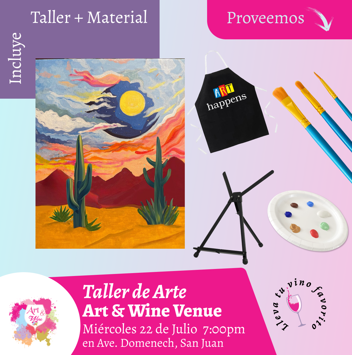 🎨¡Taller de arte en Art & Wine Venue 7pm - Miércoles, 22 de Julio 2026 en San Juan. ¡Lleva tu vino favorito!