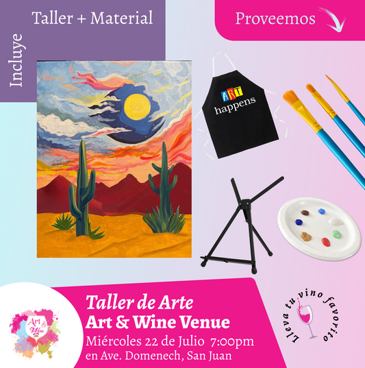 🎨¡Taller de arte en Art & Wine Venue 7pm - Miércoles, 22 de Julio 2026 en San Juan. ¡Lleva tu vino favorito!