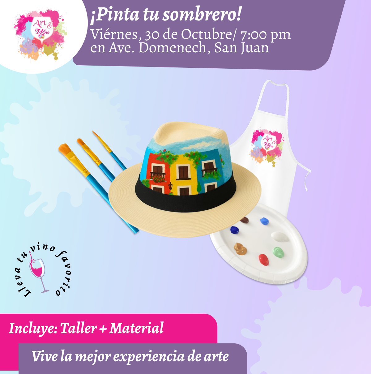 🎨¡Pinta tu sombrero! en Art & Wine Venue 7pm - Viernes, 30 de Octubre 2026 en San Juan. ¡Lleva tu vino favorito!