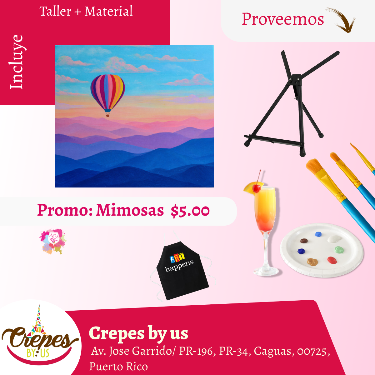 ✨ 🎨Taller de arte en ✨Crepes by us - Caguas✨ Promo en mimosas 🍹  - 7pm- Sábado, 01 de Agosto 2026