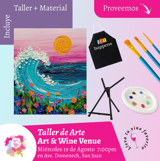 🎨¡Taller de arte en Art & Wine Venue 7pm - Miércoles, 19 de Agosto 2026 en San Juan. ¡Lleva tu vino favorito!