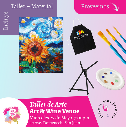 🎨¡Taller de arte en Art & Wine Venue 7pm - Miércoles, 27 de Mayo 2026 en San Juan. ¡Lleva tu vino favorito!