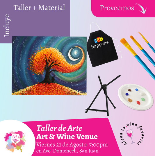 🎨¡Taller de arte en Art & Wine Venue 7pm - Viernes, 21 de Agosto 2026 en San Juan. ¡Lleva tu vino favorito!