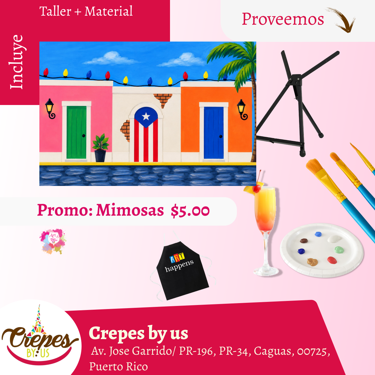 ✨ 🎨Taller de arte en ✨Crepes by us - Caguas✨ Promo en mimosas 🍹  - 7pm- Sábado, 28 de Noviembre 2026
