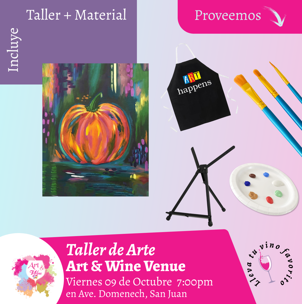 🎨¡Taller de arte en Art & Wine Venue 7pm - Viernes, 09 de Octubre 2026 en San Juan. ¡Lleva tu vino favorito!