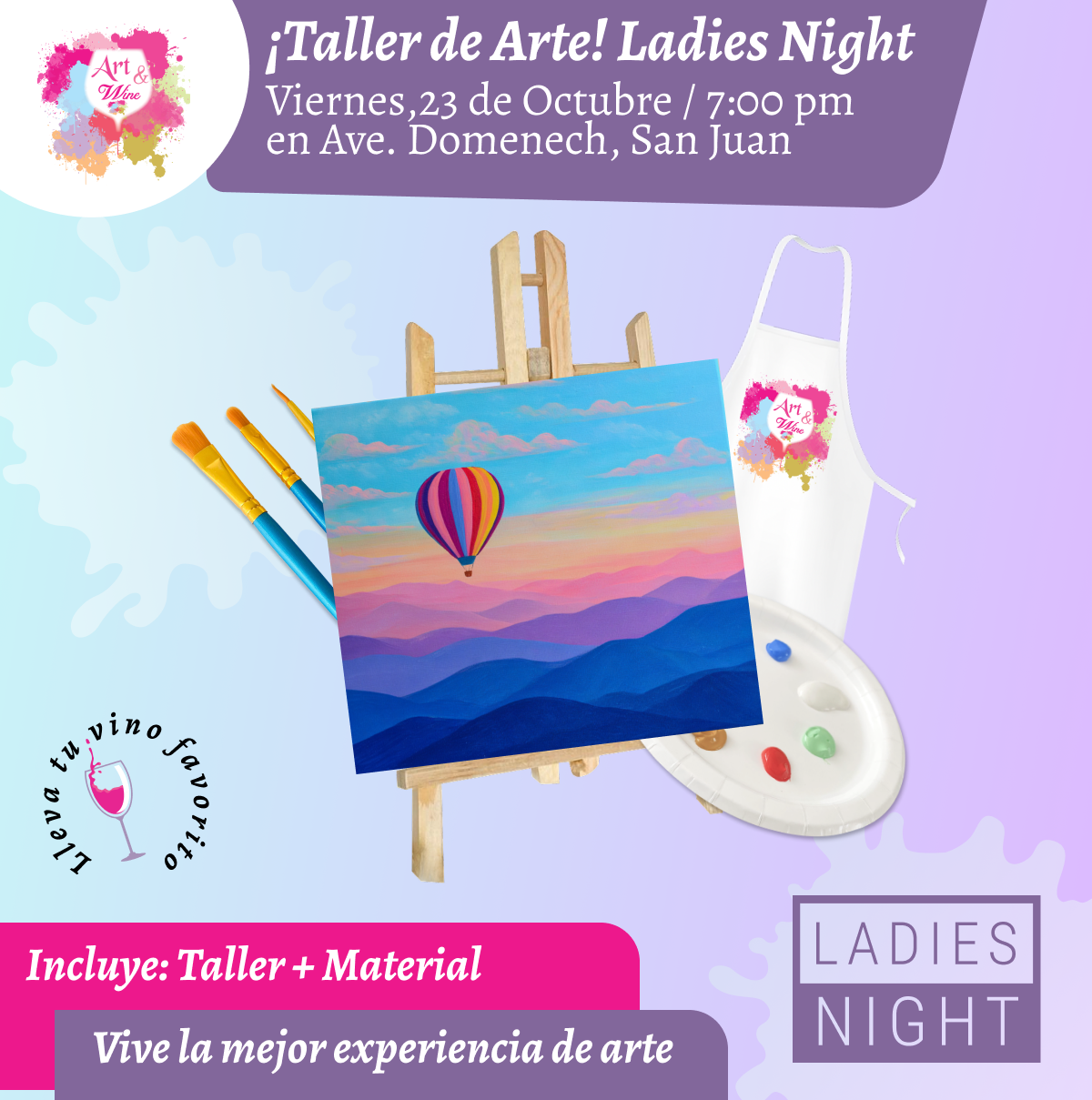 Ladies Night 💜 Art & Wine Venue 7pm- Viernes, 23 de Octubre en San Juan. ¡Lleva tu vino favorito!