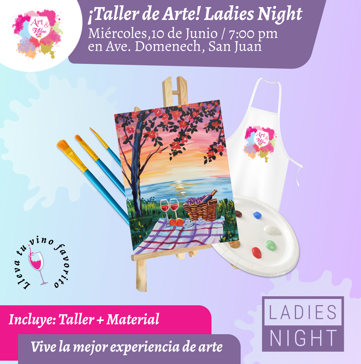 Ladies Night 💜 Art & Wine Venue 7pm- Miércoles, 10 de Junio en San Juan. ¡Lleva tu vino favorito!