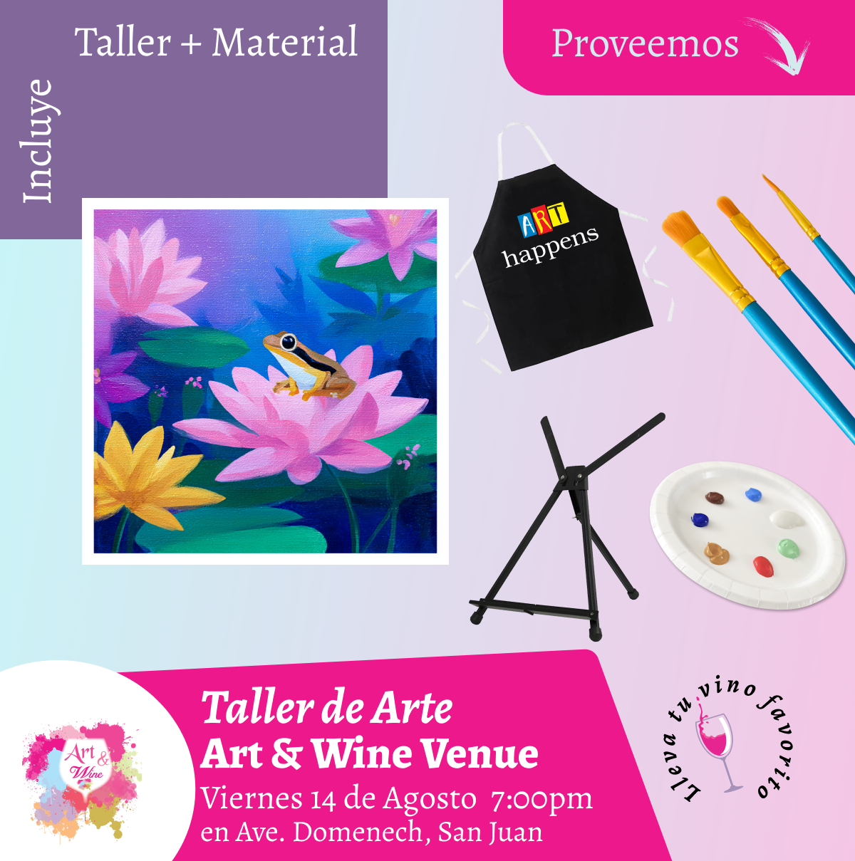 🎨¡Taller de arte en Art & Wine Venue 7pm - Viernes, 14 de Agosto 2026 en San Juan. ¡Lleva tu vino favorito!