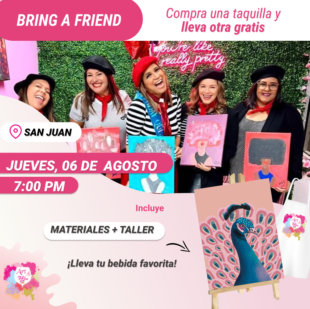 🎨¡Bring a Friend! Compra una taquilla y lleva otra gratis 🤩 - Taller de Arte en Art & Wine Venue - ✨Jueves, 06 de Agosto en San Juan. ¡Lleva tu vino favorito!