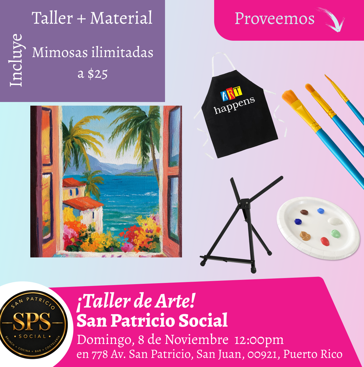 🎨¡Nuevo Taller de arte en San Patricio Social - San Juan - 12pm - Domingo, 8 de Noviembre 2026🥂 ¡Mimosas ilimitadas x $25! 🥂