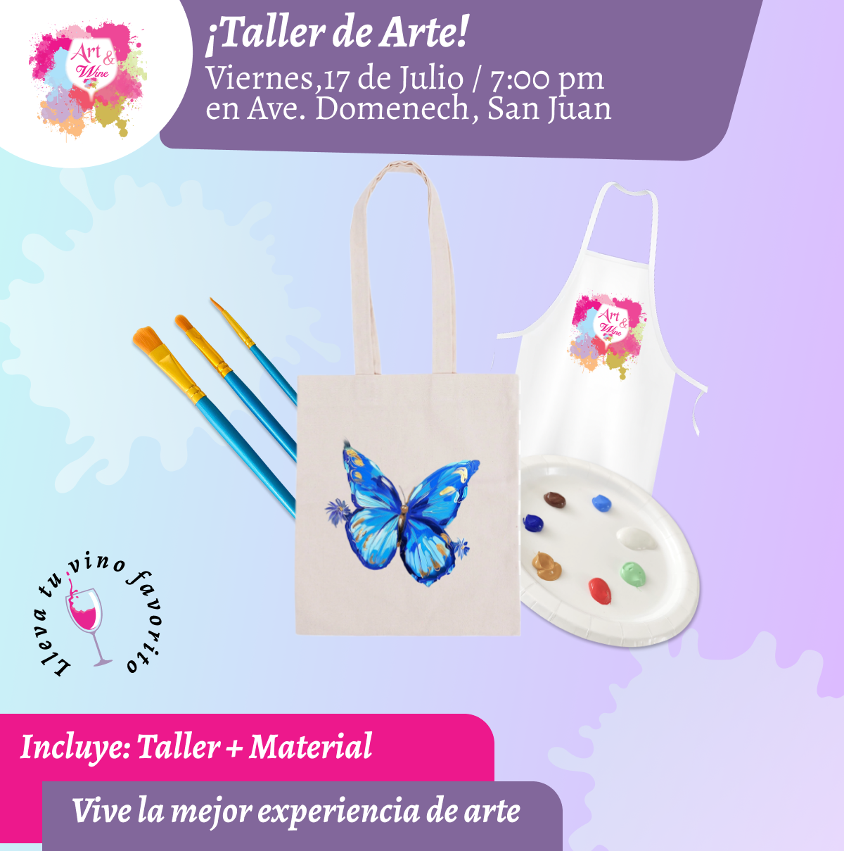 🎨¡Pinta tu Tote Bag!  en Art & Wine Venue 7pm - Viernes, 17 de Julio 2026 en San Juan. ¡Lleva tu vino favorito!