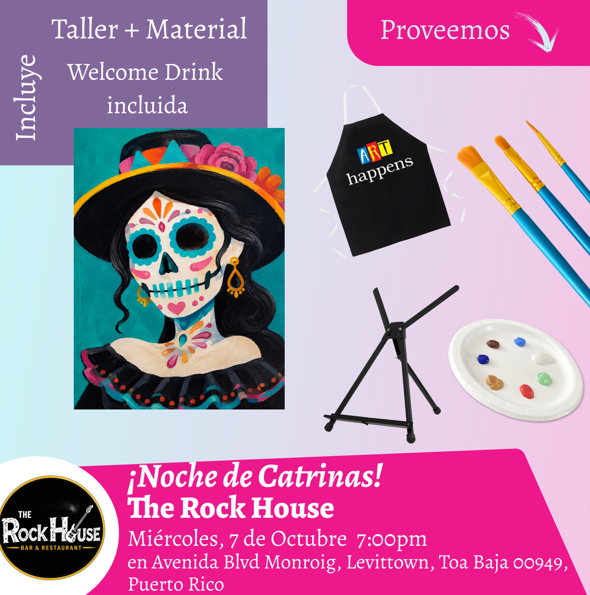🎨¡Noche de Catrinas en The Rock House Bar & Grill 7pm - Miércoles, 07 de Octubre 2026 en Toa Baja. ¡Welcome Drinks! Incluye bebida de bienvenida