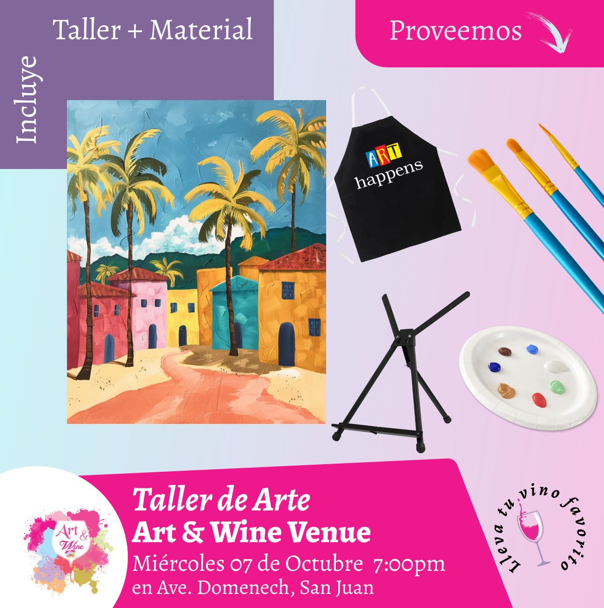 🎨¡Taller de arte en Art & Wine Venue 7pm - Miércoles, 07 de Octubre 2026 en San Juan. ¡Lleva tu vino favorito!