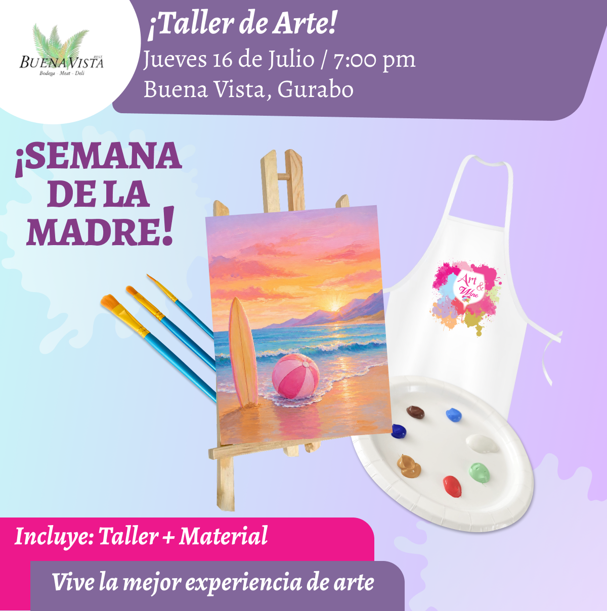 ✨¡Pinta tu espejo! 🪞🎨¡Taller de arte!✨ Gurabo - Buena Vista, Jueves 16 de Julio 2026  a las 7:00pm 🍷