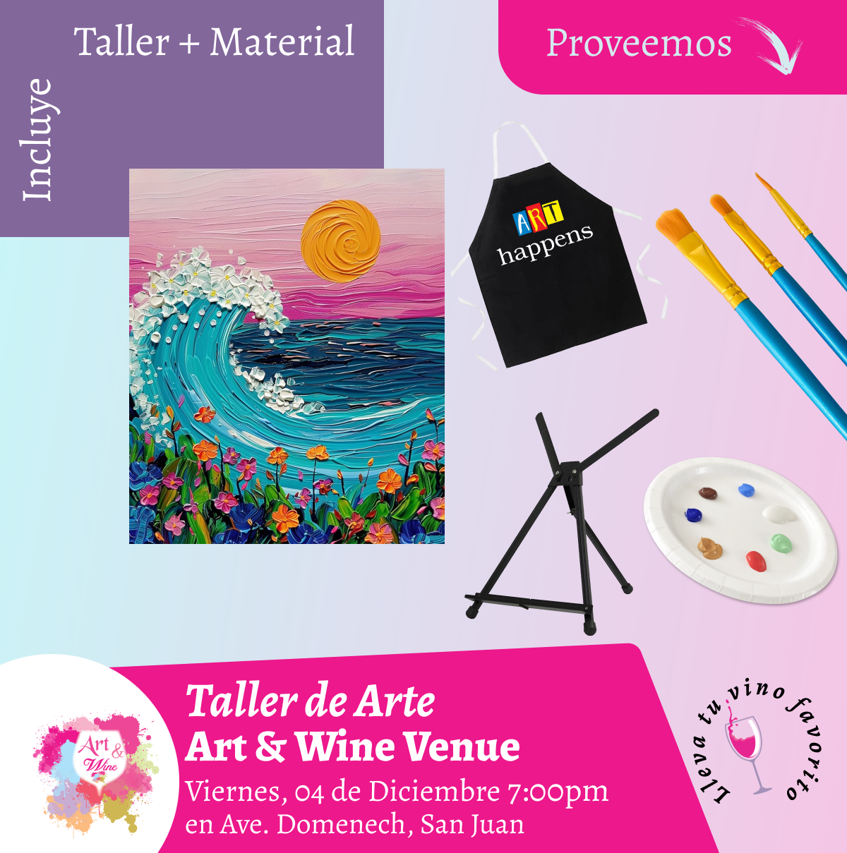 🎨¡Taller de arte en Art & Wine Venue 7pm - Viernes, 04 de Diciembre 2026 en San Juan. ¡Lleva tu vino favorito!