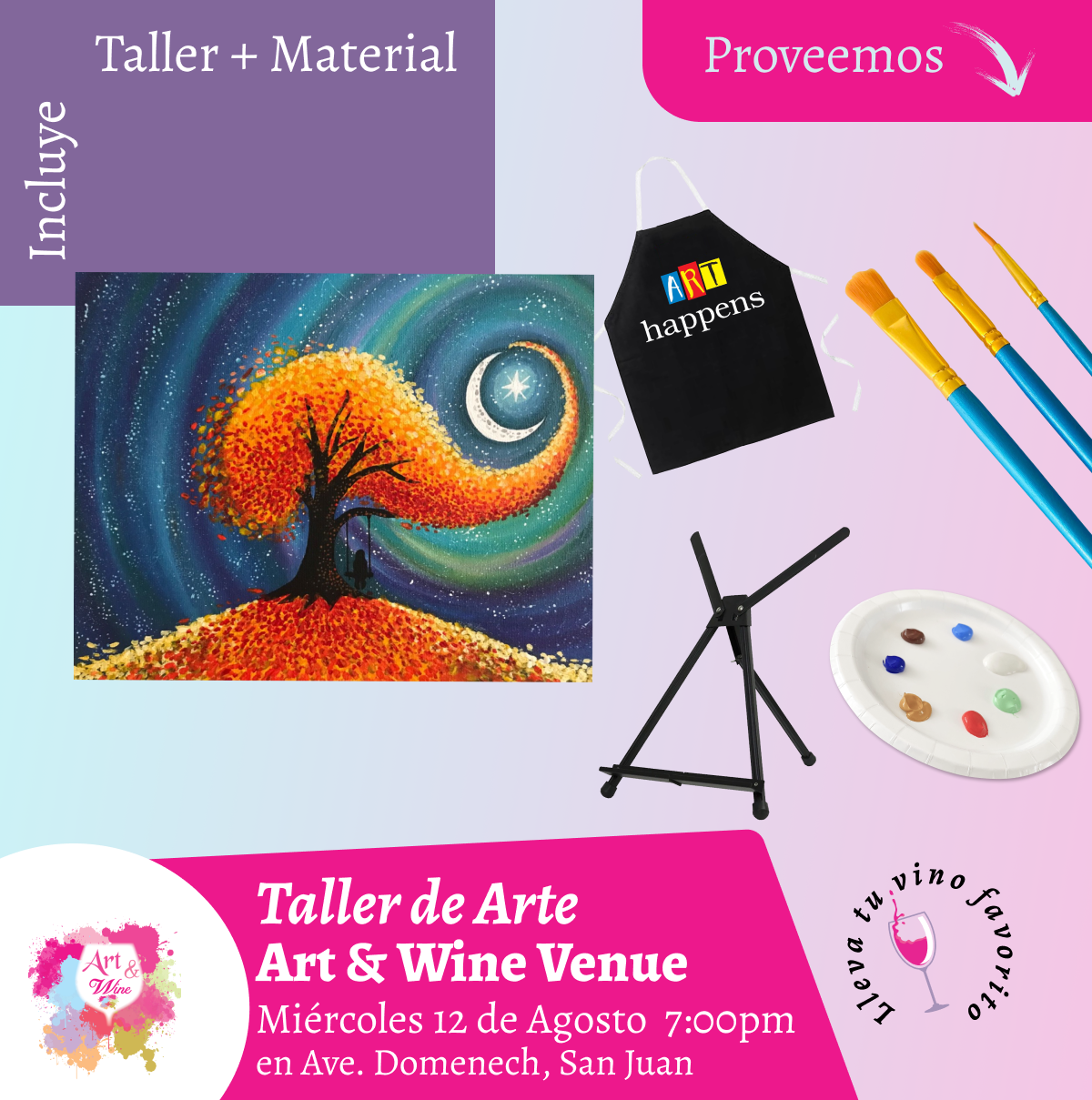 🎨¡Taller de arte en Art & Wine Venue 7pm - Miércoles, 12 de Agosto 2026 en San Juan. ¡Lleva tu vino favorito!