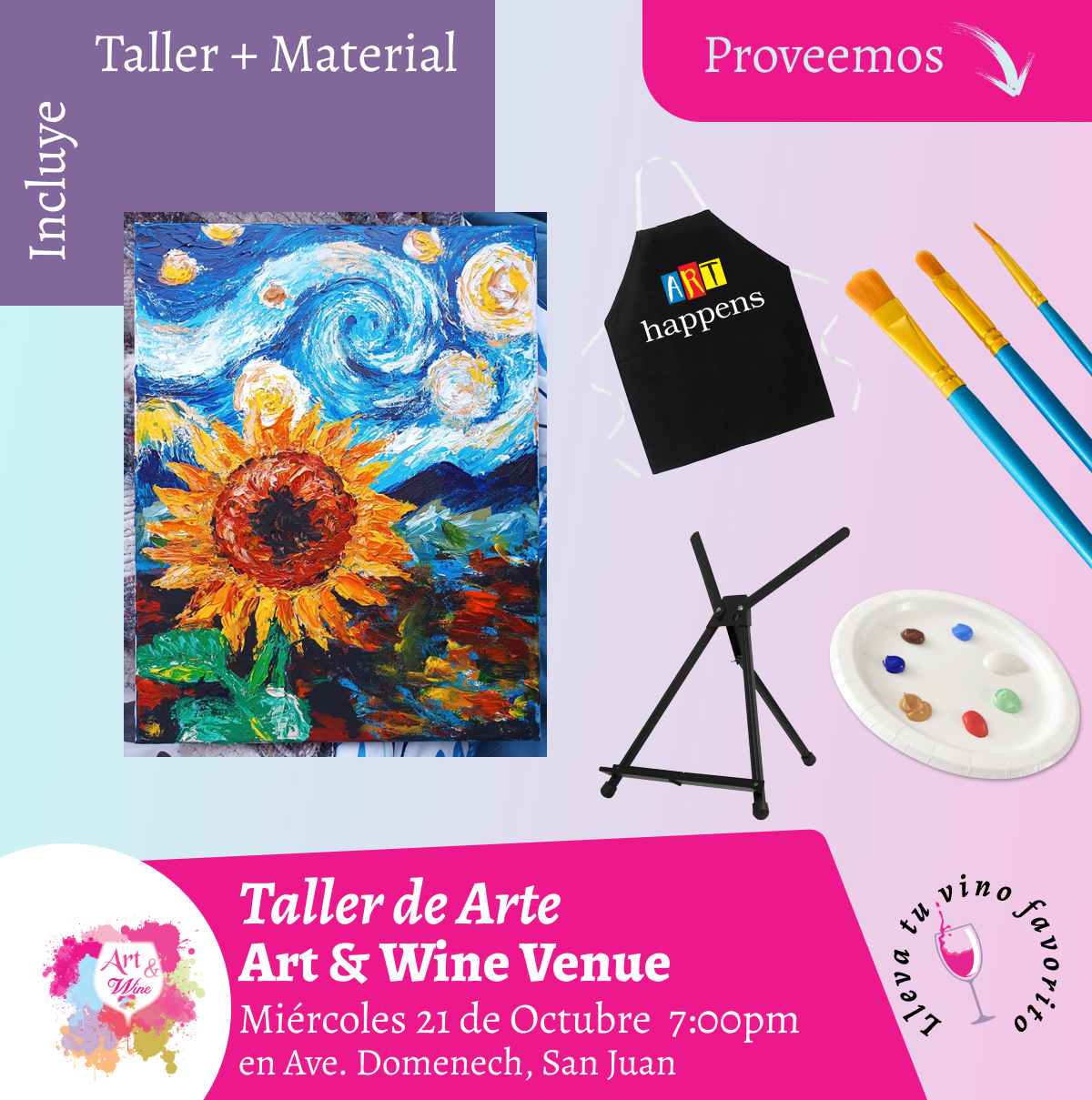 🎨¡Taller de arte en Art & Wine Venue 7pm - Miércoles, 21 de Octubre 2026 en San Juan. ¡Lleva tu vino favorito!