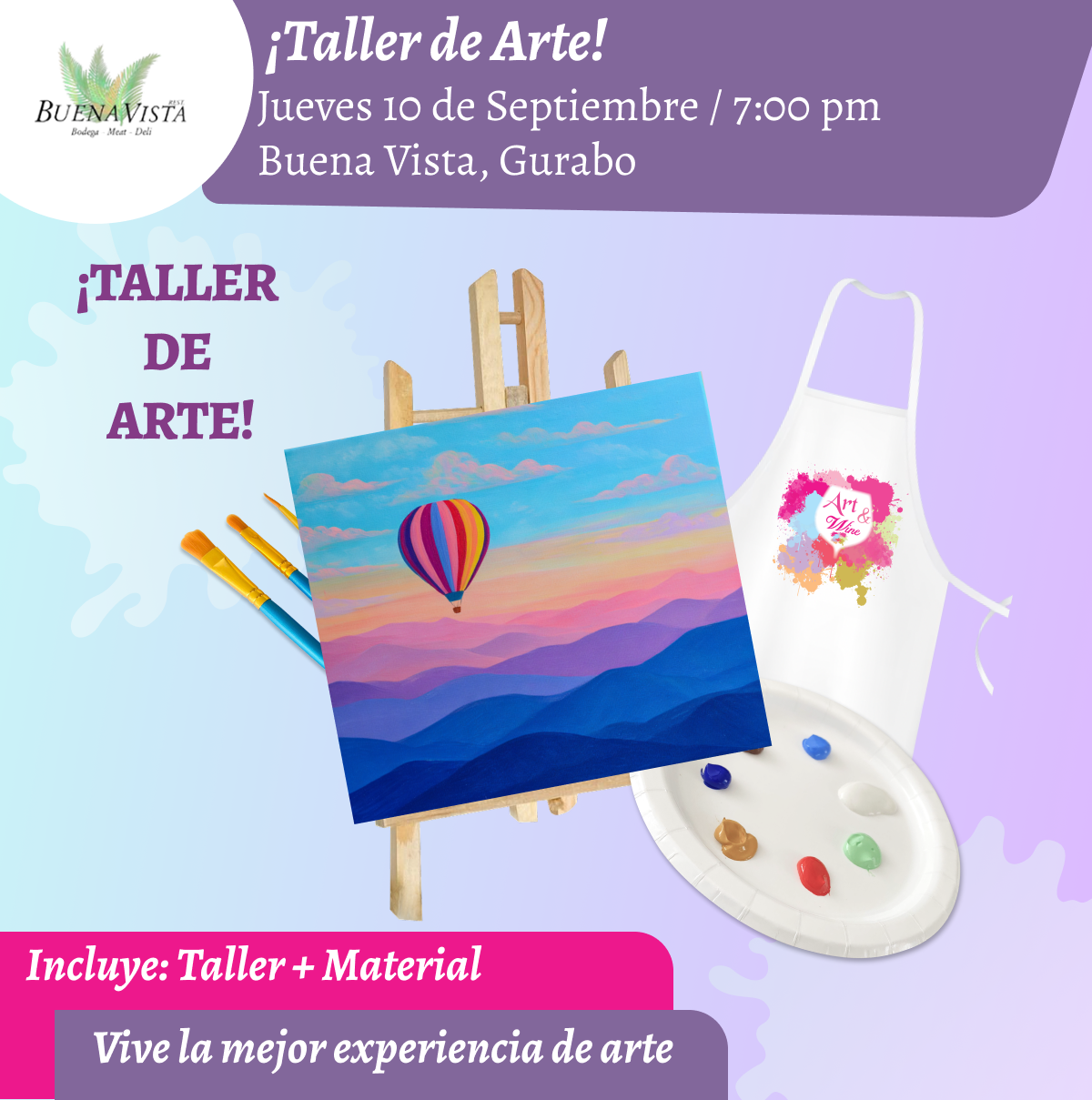 🎨¡Taller de arte!✨ Gurabo - Buena Vista, Jueves 10 de Septiembre 2026  a las 7:00pm 🍷