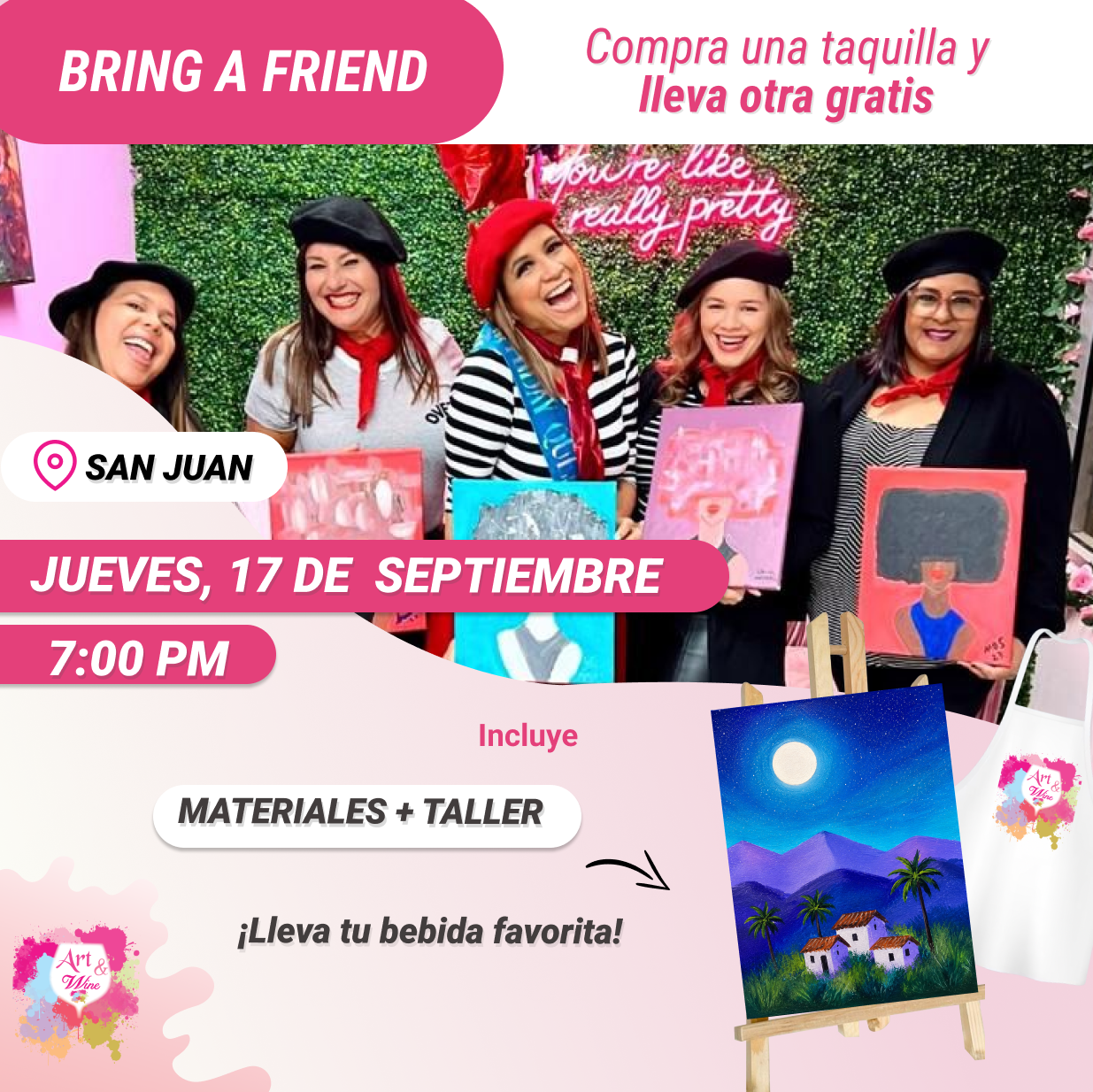 🎨¡Bring a Friend! Compra una taquilla y lleva otra gratis 🤩 - Taller de Arte en Art & Wine Venue - ✨Jueves, 17 de Septiembre en San Juan. ¡Lleva tu vino favorito!