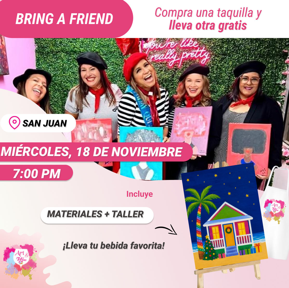 🎨¡Bring a Friend! Compra una taquilla y lleva otra gratis 🤩 - Taller de Arte en Art & Wine Venue - ✨Miércoles, 18 de Noviembre en San Juan. ¡Lleva tu vino favorito!