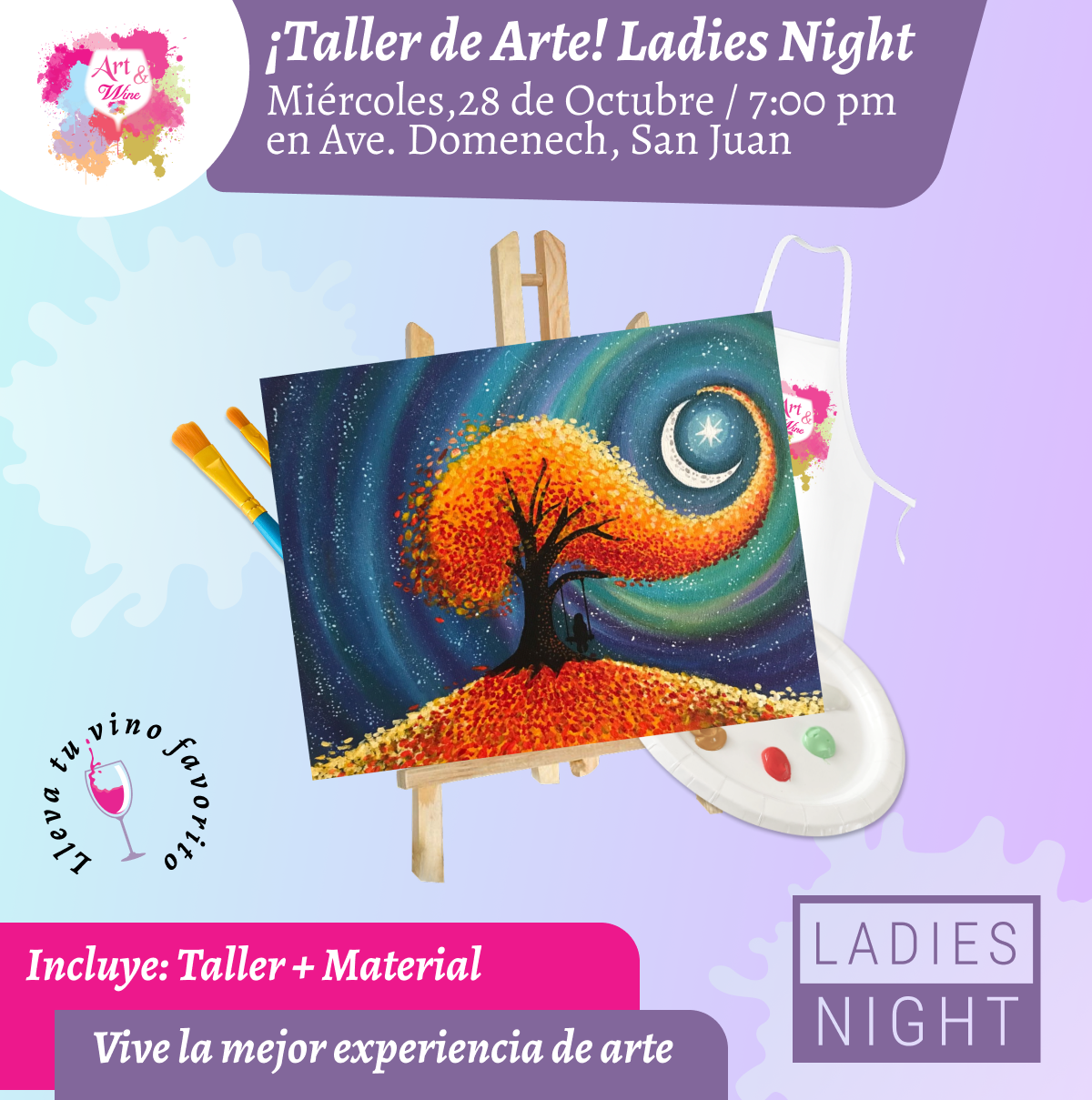 Ladies Night 💜 Art & Wine Venue 7pm- Miércoles, 28 de Octubre en San Juan. ¡Lleva tu vino favorito!