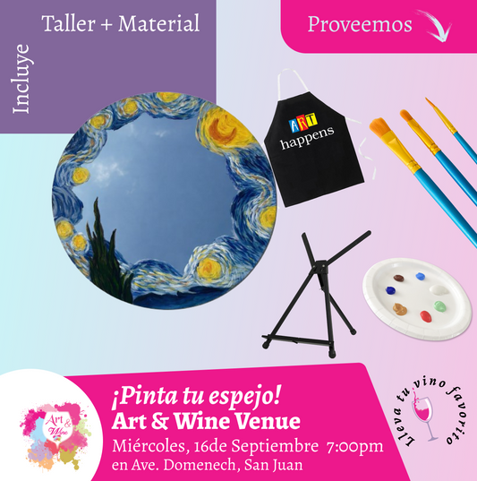 ¡Pinta tu espejo! 🎨¡Taller de arte en Art & Wine Venue 7pm - Miércoles, 16 de Septiembre 2026 en San Juan. ¡Lleva tu vino favorito!