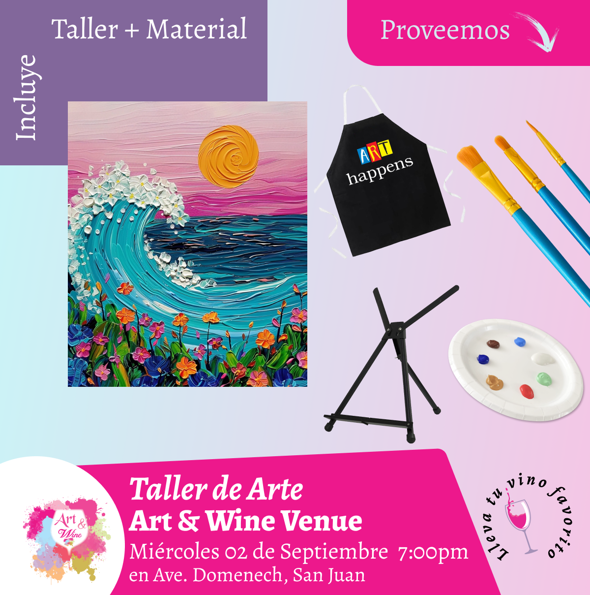 🎨¡Taller de arte en Art & Wine Venue 7pm - Miércoles, 2 de Septiembre 2026 en San Juan. ¡Lleva tu vino favorito!