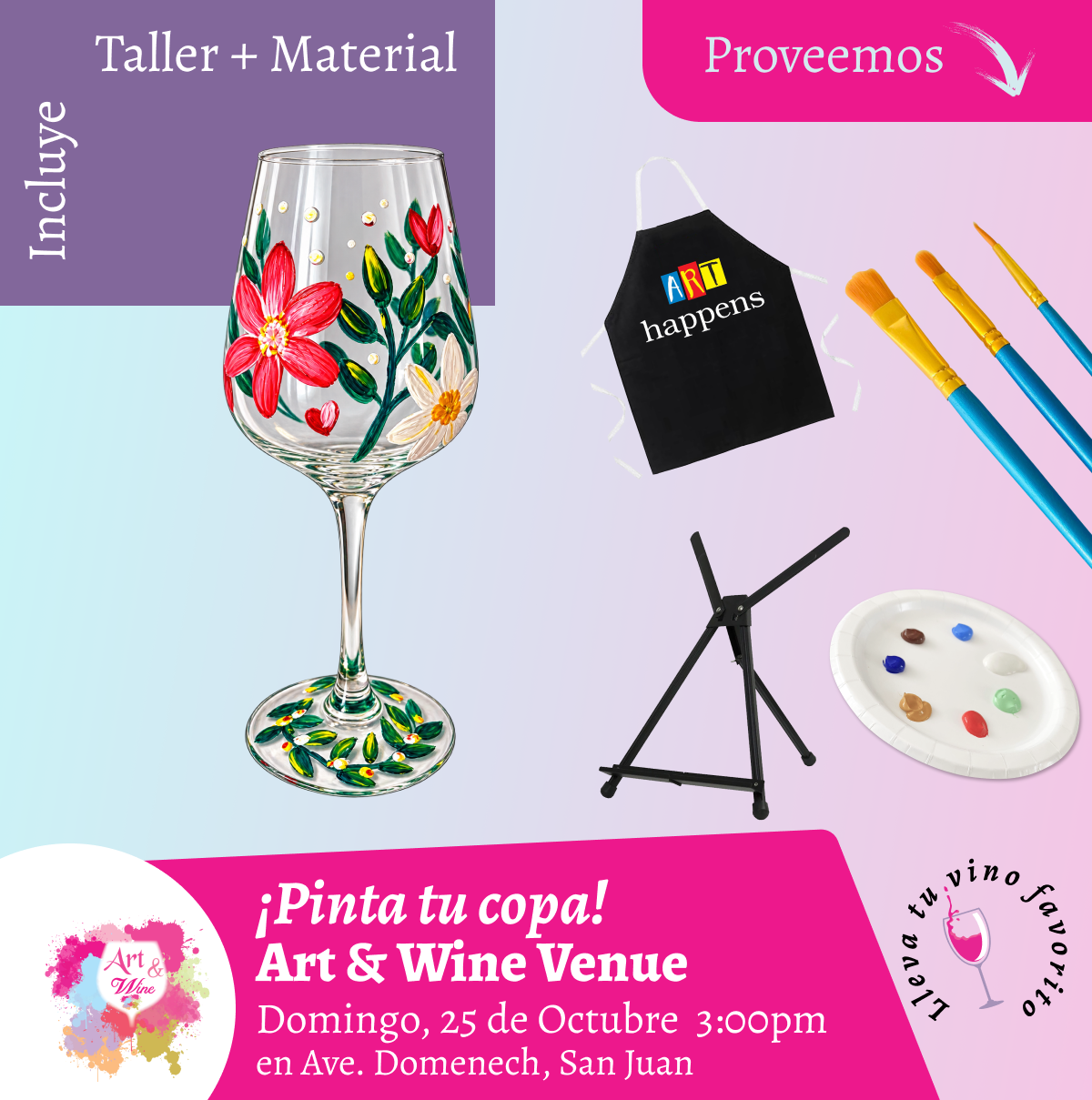 🎨¡Pinta tu copa en Art & Wine Venue 3pm - Domingo, 25 de Octubre 2026 en San Juan. ¡Lleva tu vino favorito!