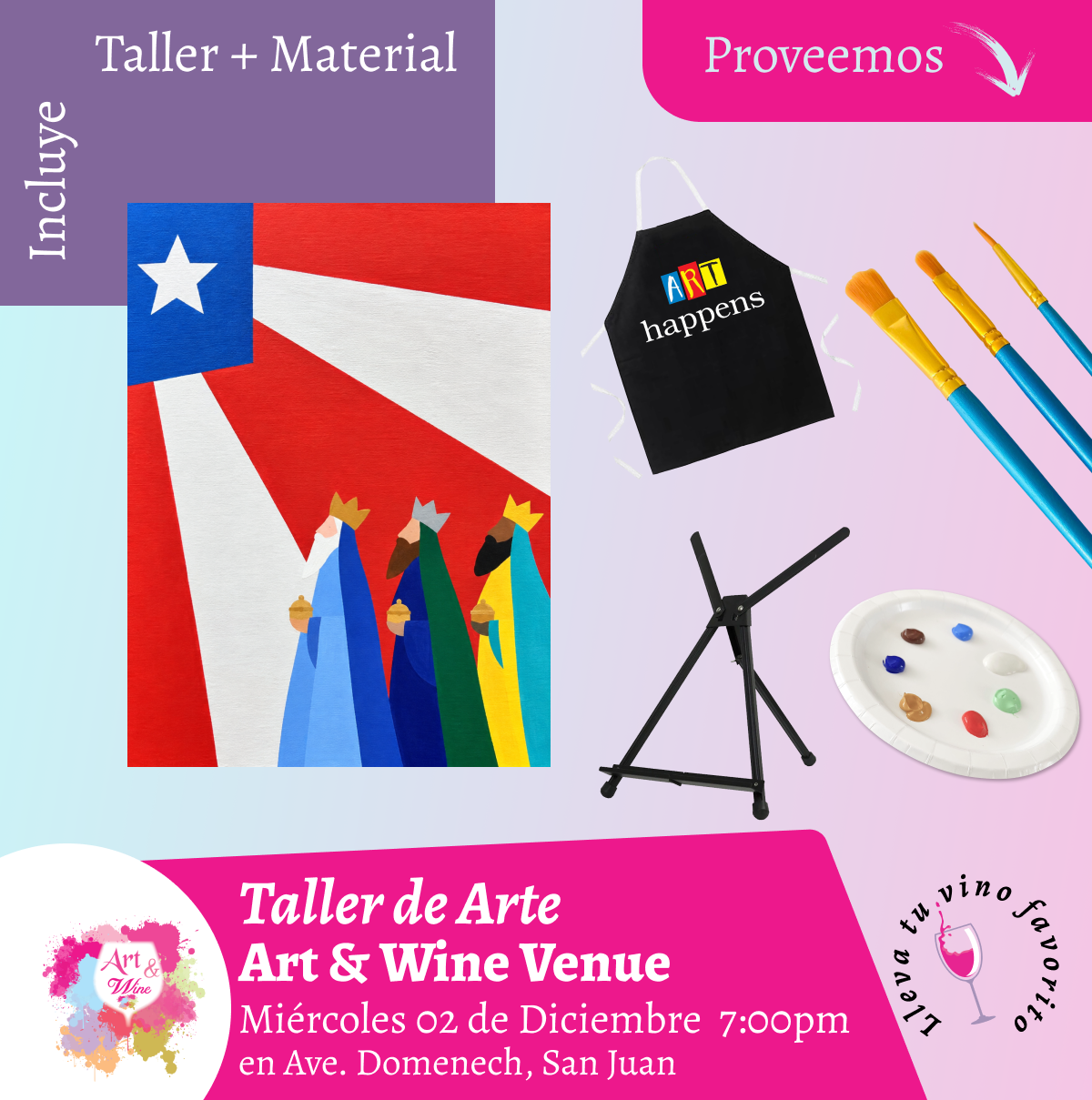 🎨¡Taller de arte en Art & Wine Venue 7pm - Miércoles, 02 de Diciembre 2026 en San Juan. ¡Lleva tu vino favorito!