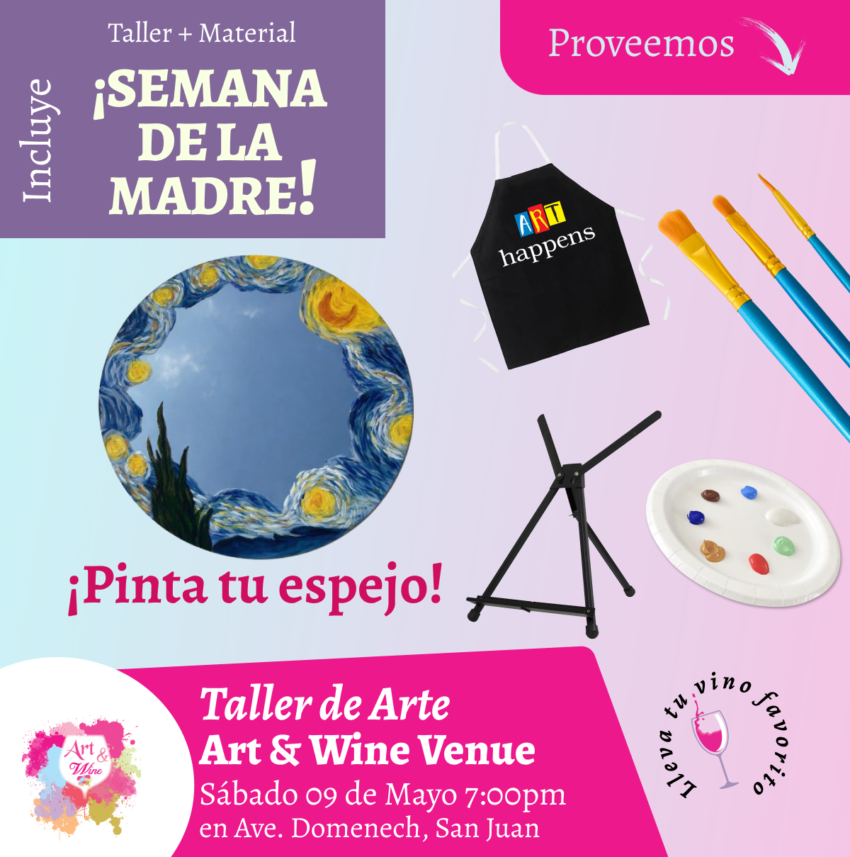 ✨¡Celebra con mamá!✨🎨¡Pinta tu espejo! en Art & Wine Venue 7pm - Sábado, 09 de Mayo 2026 en San Juan. ¡Lleva tu vino favorito!