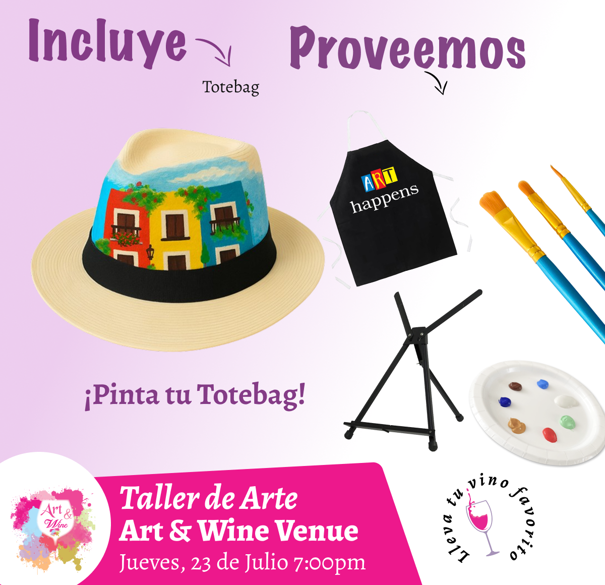 🎨¡Pinta tu sombrero! en Art & Wine Venue 7pm - Jueves, 23 de Julio 2026 en San Juan. ¡Lleva tu vino favorito!