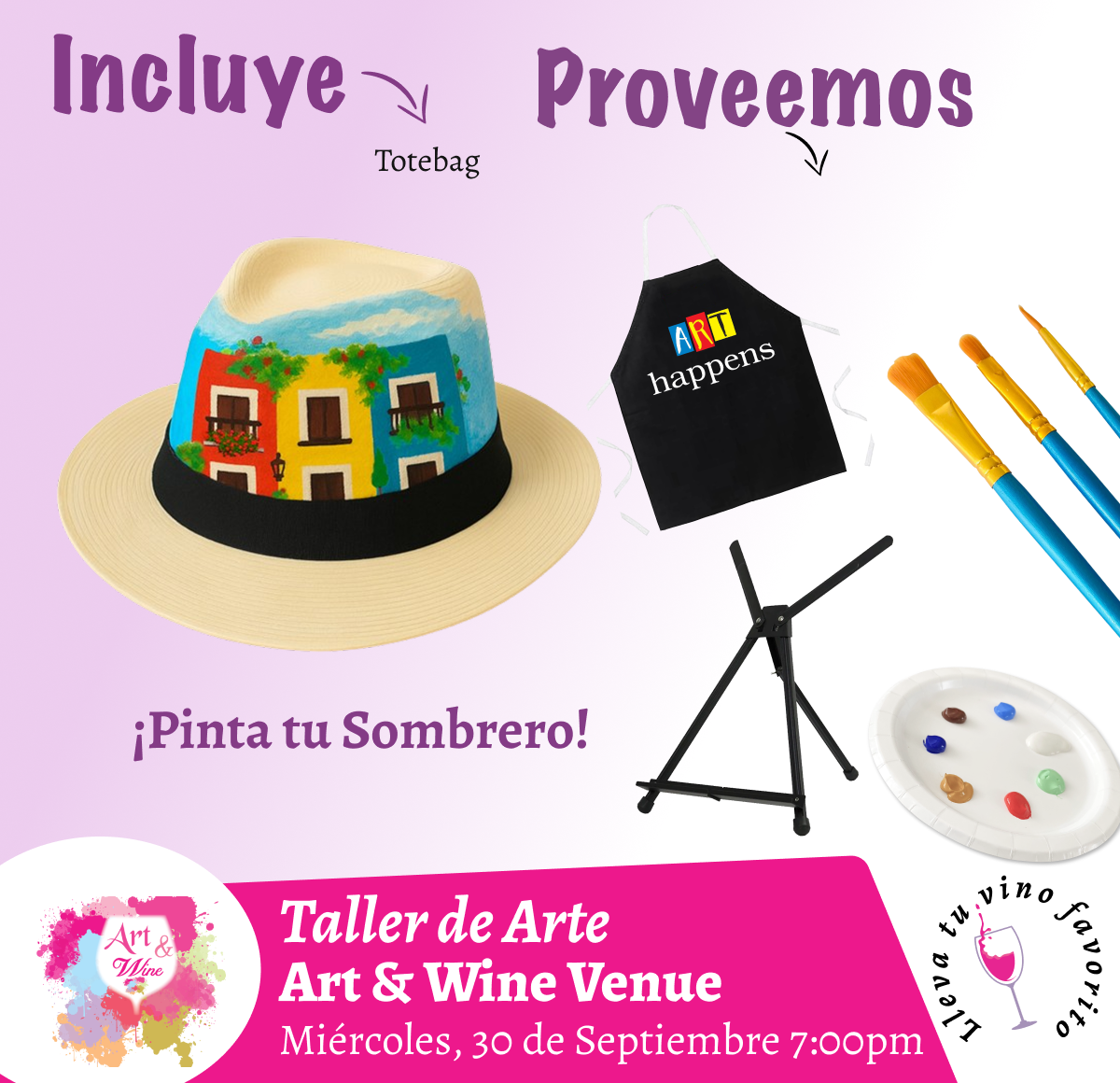 🎨¡Pinta tu sombrero! en Art & Wine Venue 7pm - Miércoles, 30 de Septiembre 2026 en San Juan. ¡Lleva tu vino favorito!